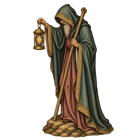 Engraved emblem: an old man, a hooded hermit, standing full length on a small rocky path