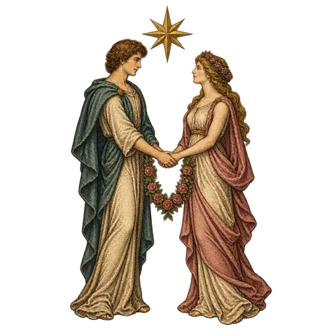Engraved emblem: two young lovers, a young man and a young woman, standing full length facing each other