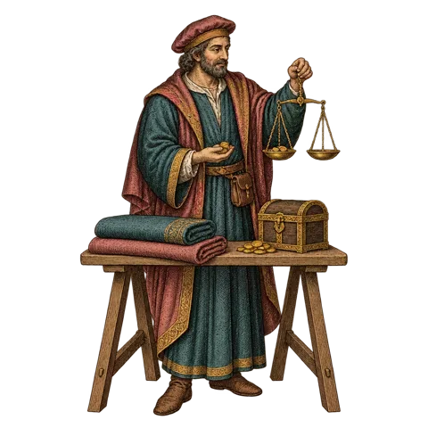 Engraved emblem: a middle-aged man, a merchant, standing full length behind a small trestle table of wares