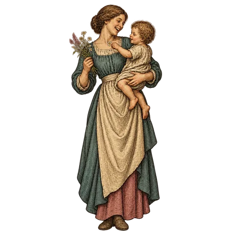 Engraved emblem: a young mother in a simple everyday linen dress and apron, her hair tied back and uncovered