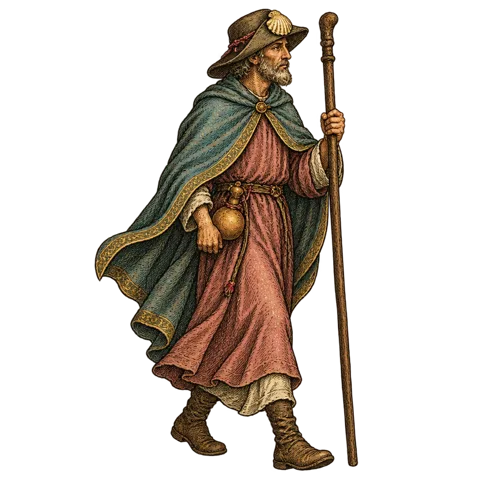 Engraved emblem: an older man, a pilgrim, walking full length with a tall staff