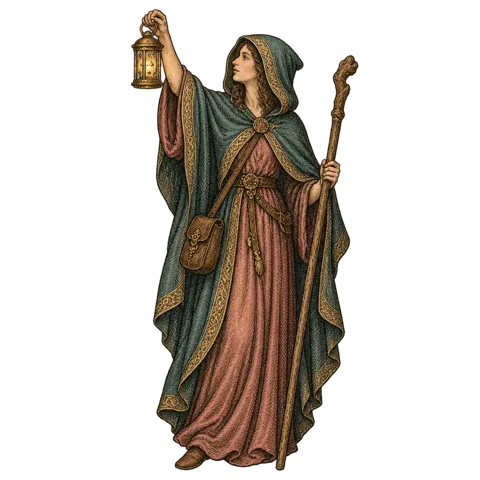 Engraved emblem: a young woman traveller in a hooded cloak standing full length, holding up a small pierced star lantern and looking toward its light