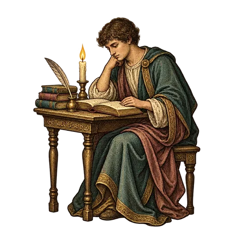 Engraved emblem: a young man, a student, seated at a small desk reading by the light of a single candle