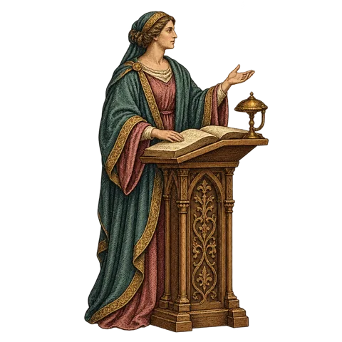 Engraved emblem: a middle-aged woman teacher standing at a carved wooden lectern with a large open book, one hand resting on the page and the other gesturing outward as if explaining