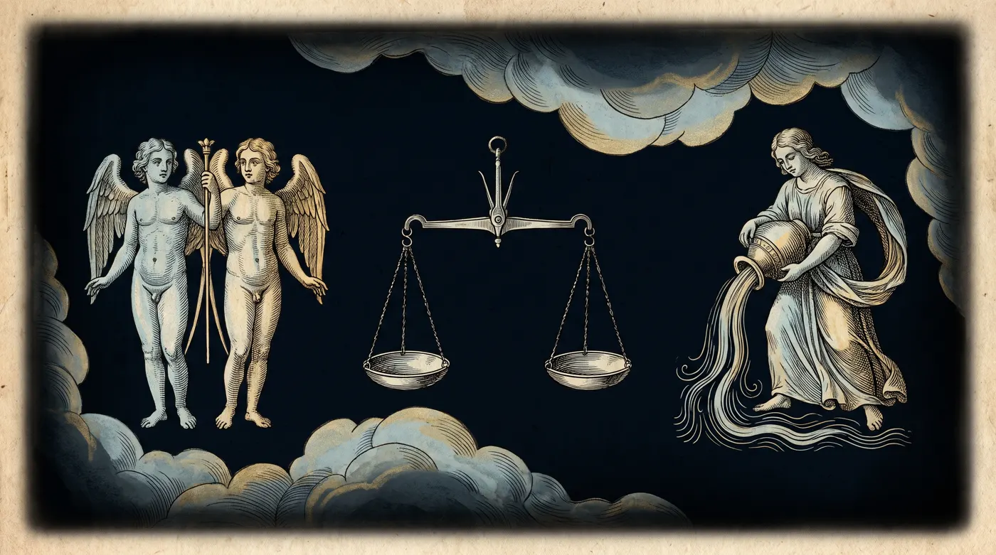 Gemini, Libra, and Aquarius as engraved constellations among clouds