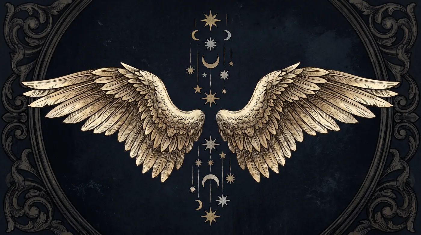 Angelic wings around a descending column of stars