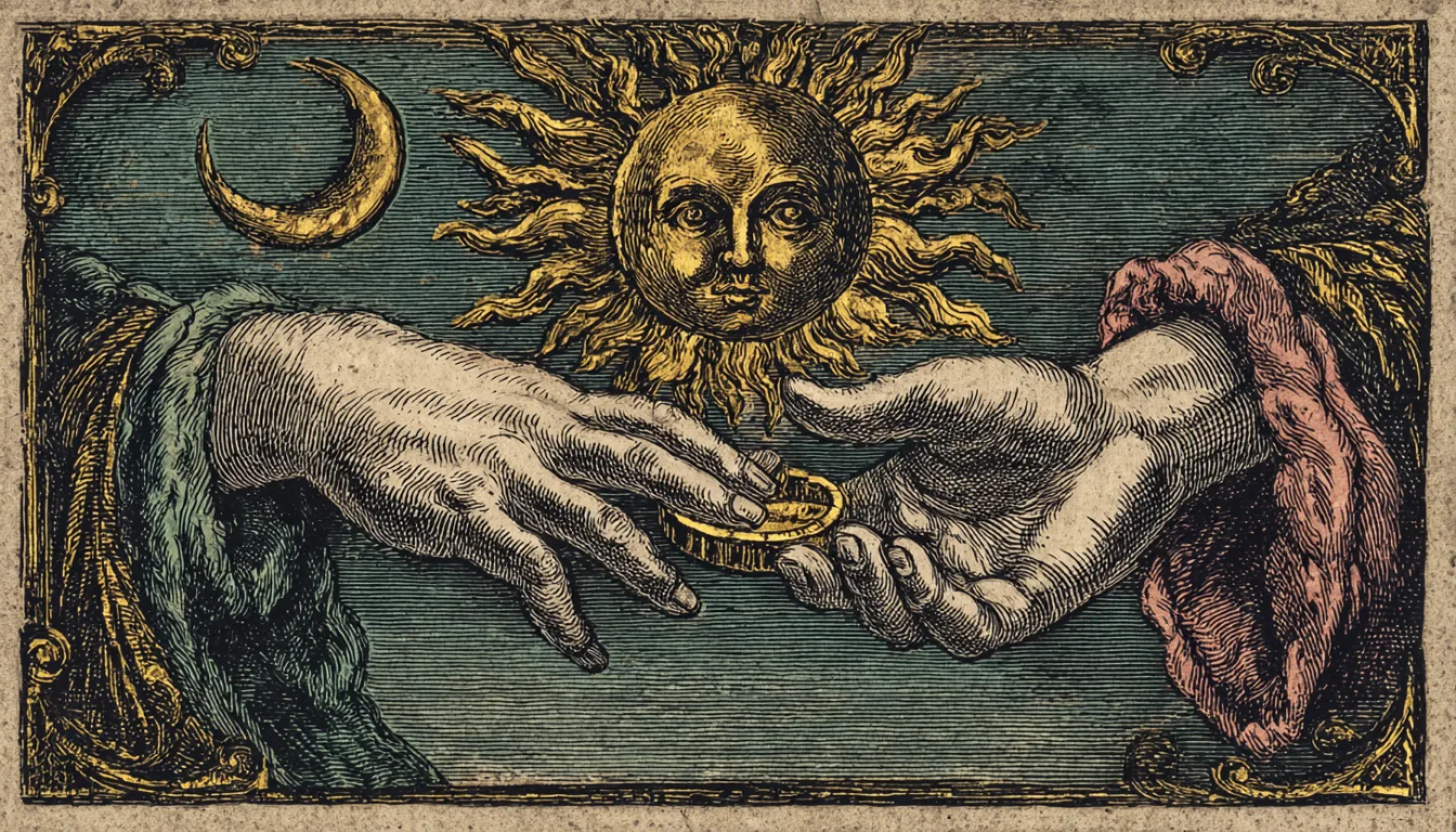Two hands from opposite sides exchanging a ring beneath a sun and a crescent moon