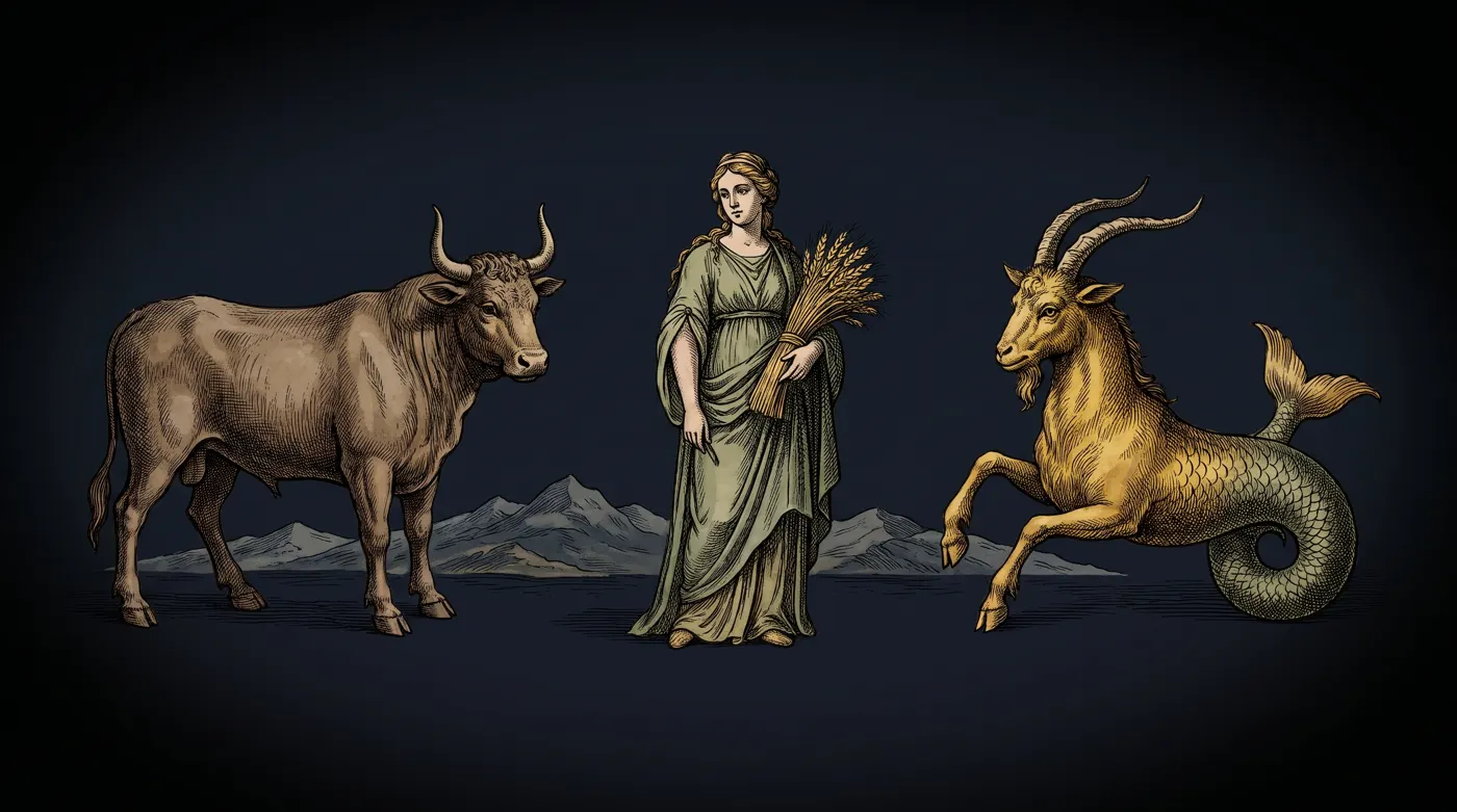 Taurus, Virgo, and Capricorn as engraved constellations among mountains