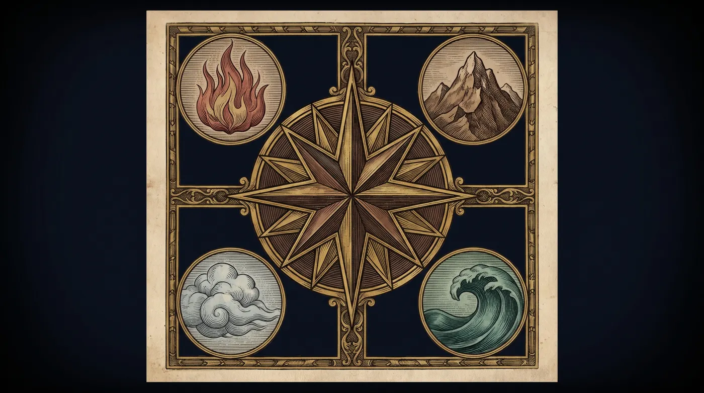The four classical elements united around an eight-pointed star