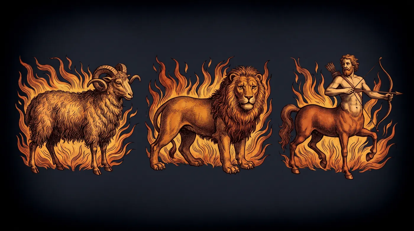 Aries, Leo, and Sagittarius as engraved constellations among flames