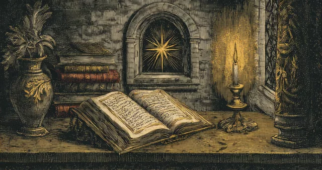 An open book on a table by candlelight, a rayed star in the arched window behind it