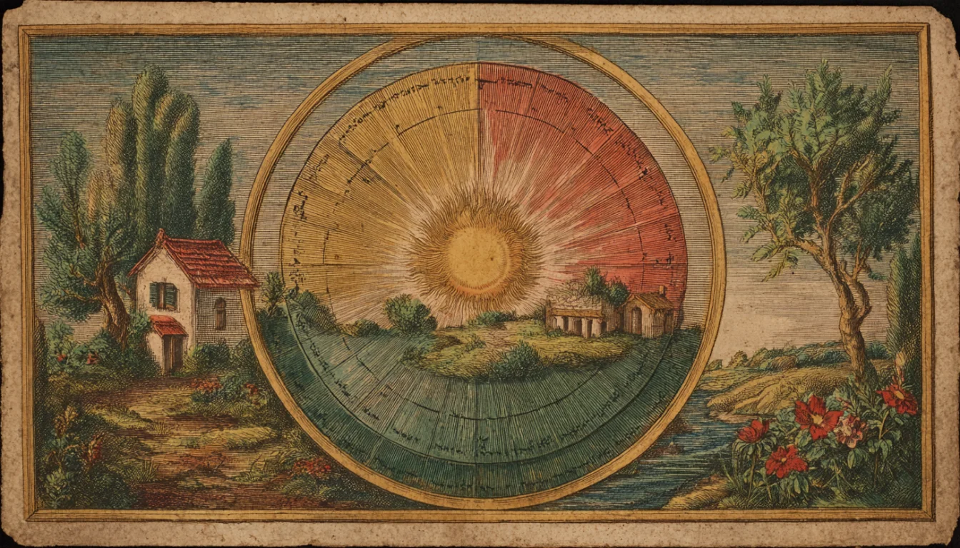 A chart of twelve wedges seen from above, a dwelling in each, the sun rising at its eastern edge