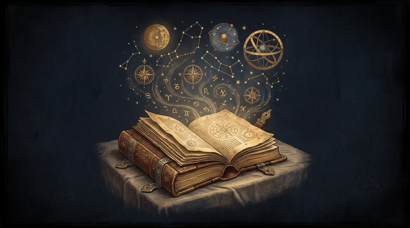 An ancient lexicon with symbols rising from its pages as constellations