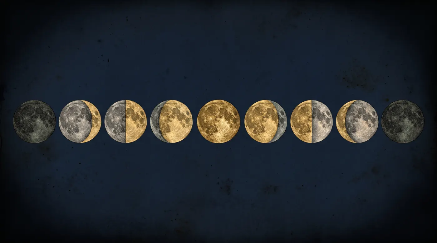 A band of moon phases arching over a quiet landscape