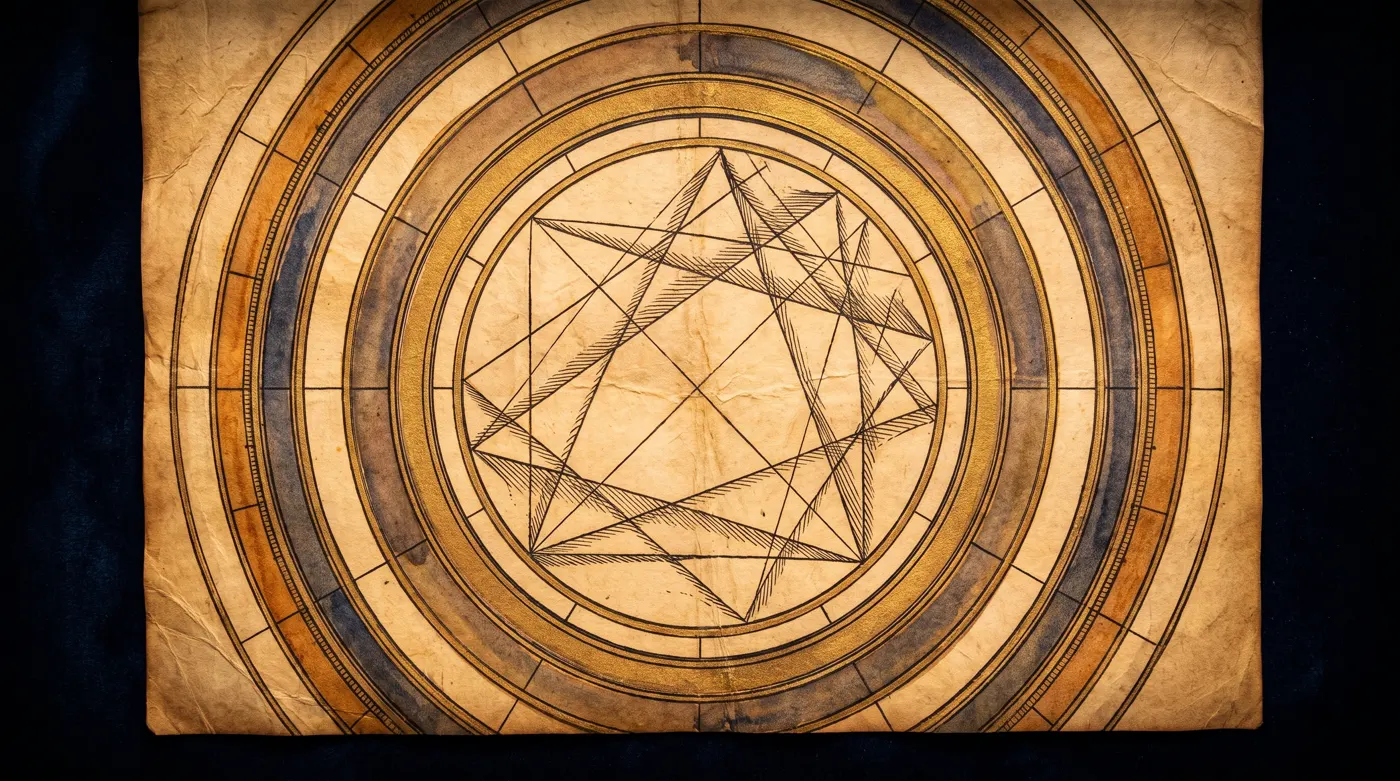 A natal chart wheel with aspect lines woven across its center