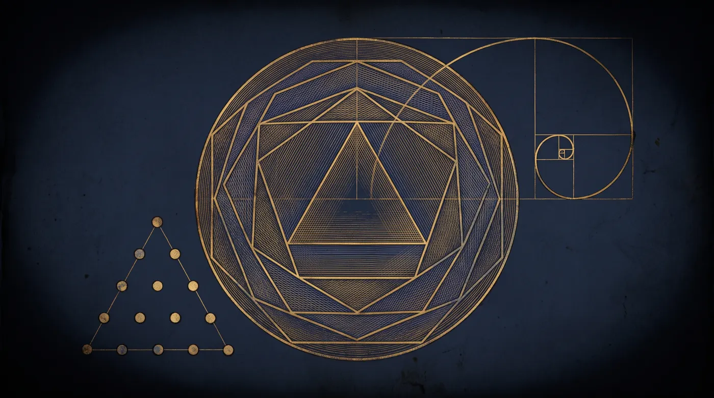 Pythagorean sacred geometry: tetractys, golden spiral, and nested polygons