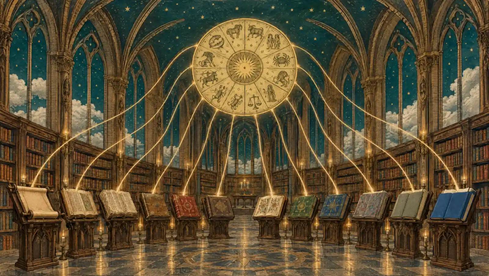 Engraved painting of old books with gold light rising from them to a single zodiac chart wheel.