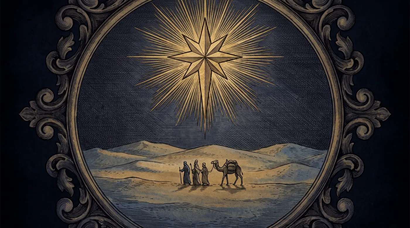 The Star of Bethlehem leading the magi across the desert