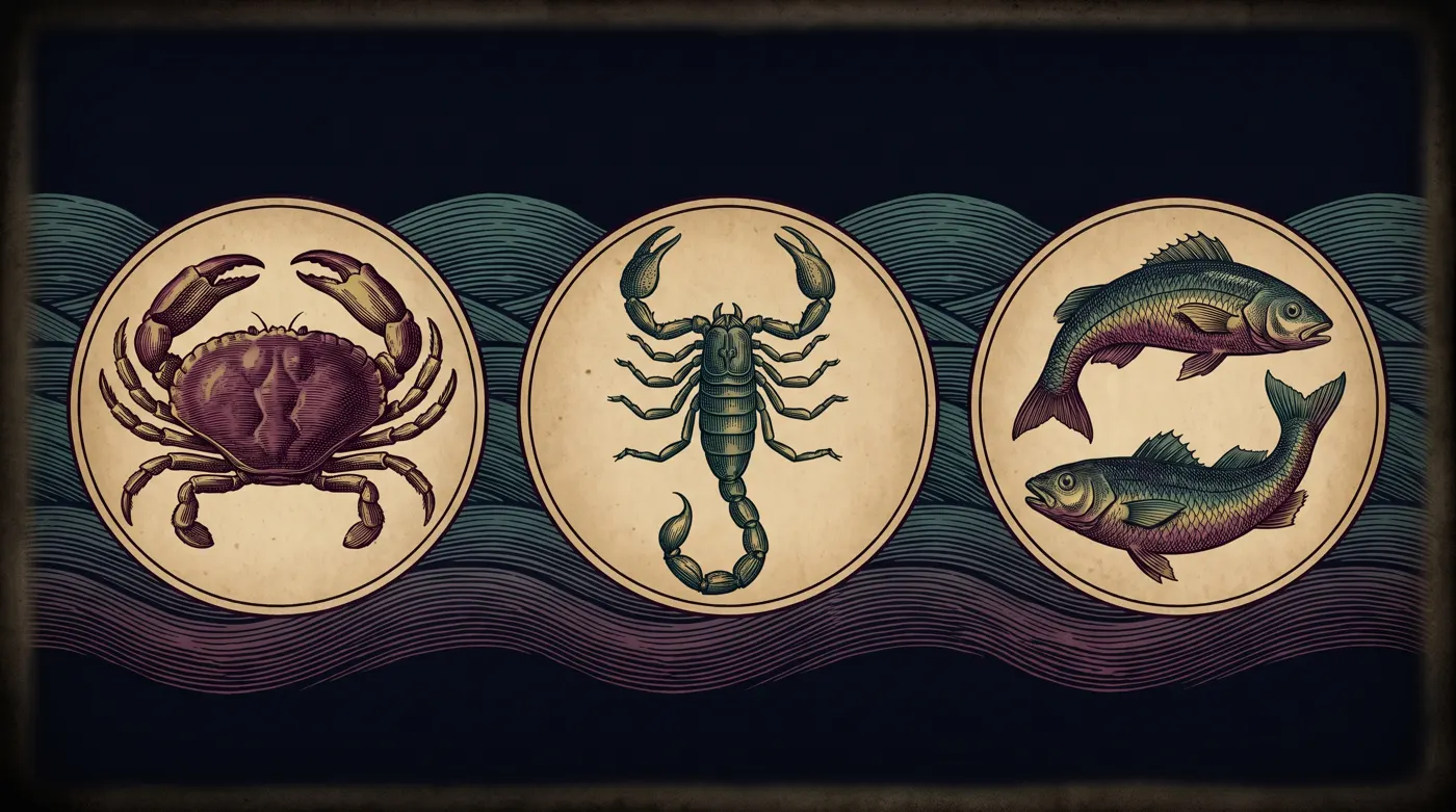 Cancer, Scorpio, and Pisces as engraved constellations among waves