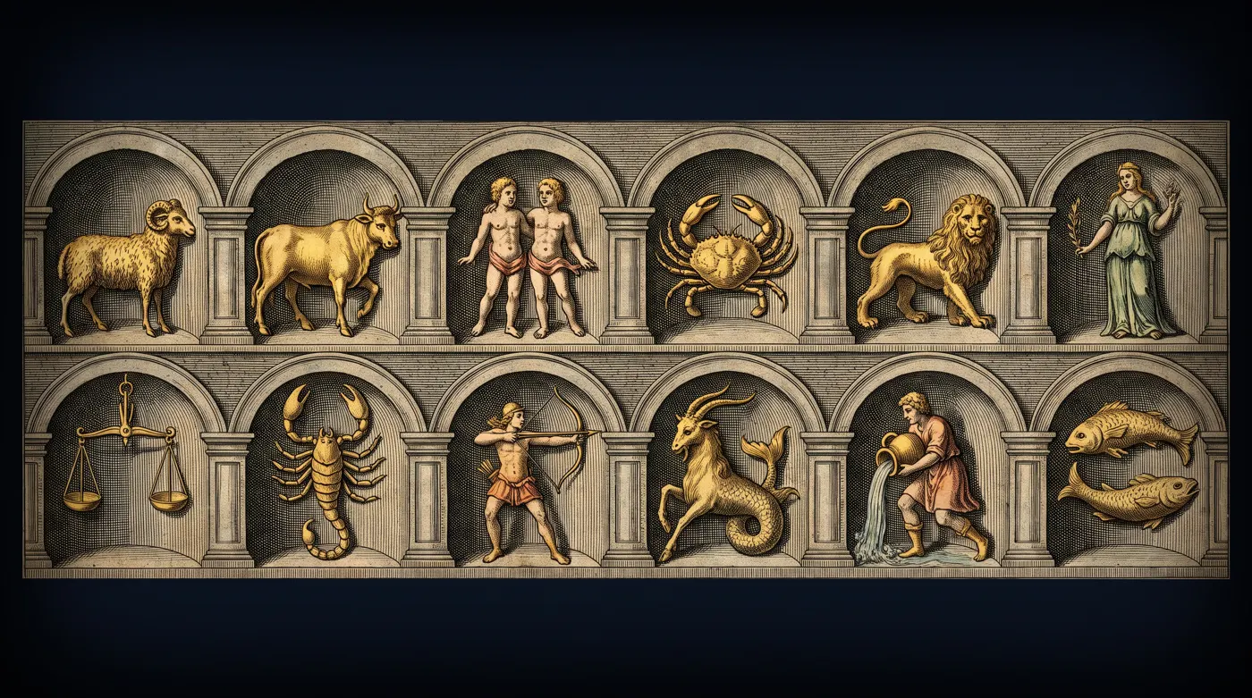 The twelve signs of the zodiac, each engraved in its own arched niche