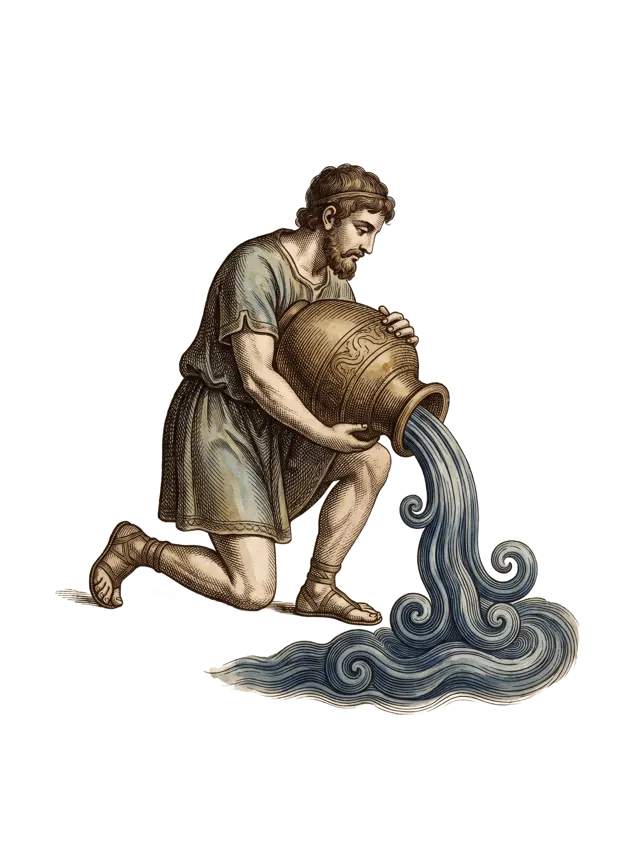 Aquarius: a young man bearing water, tipping a pouring urn, lapis blue water, as a hand-tinted copperplate engraving