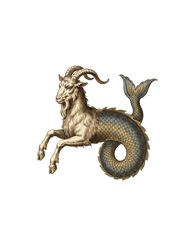 Capricorn: a sea-goat, goat before and coiling fish tail behind, slate blue scales, as a hand-tinted copperplate engraving