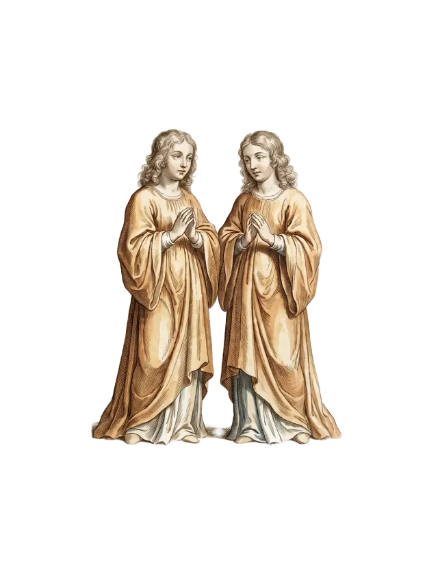 Gemini: two twin figures standing side by side, soft ochre robes, as a hand-tinted copperplate engraving