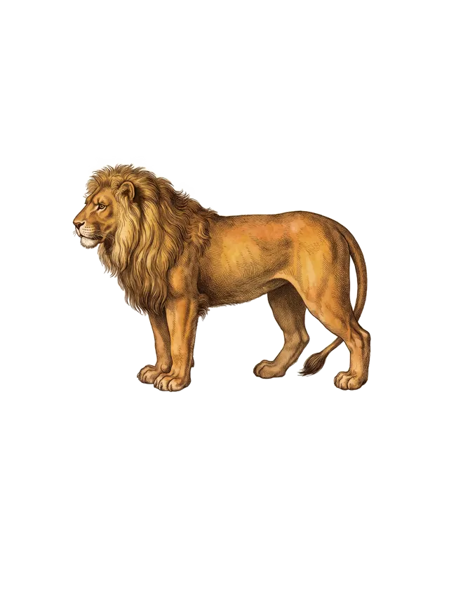 Leo: a lion in profile with a full mane, warm amber coat, as a hand-tinted copperplate engraving
