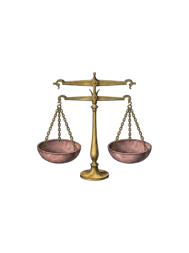 Libra: a pair of balance scales on a pillar, dusty rose pans, as a hand-tinted copperplate engraving