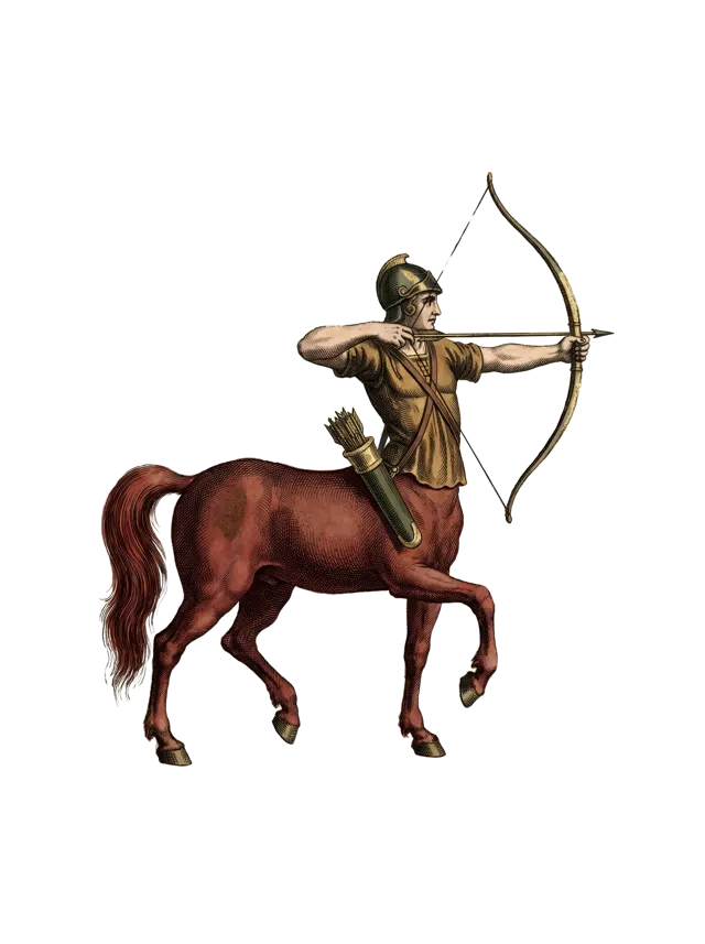 Sagittarius: a centaur archer drawing a longbow, deep russet flanks, as a hand-tinted copperplate engraving