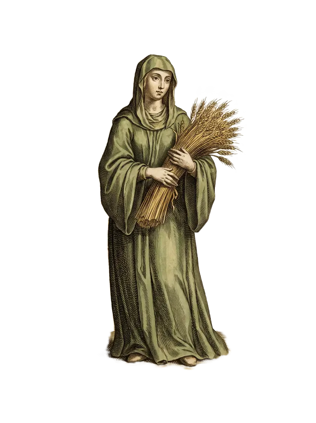 Virgo: a robed maiden holding a sheaf of wheat, sage green robe, as a hand-tinted copperplate engraving
